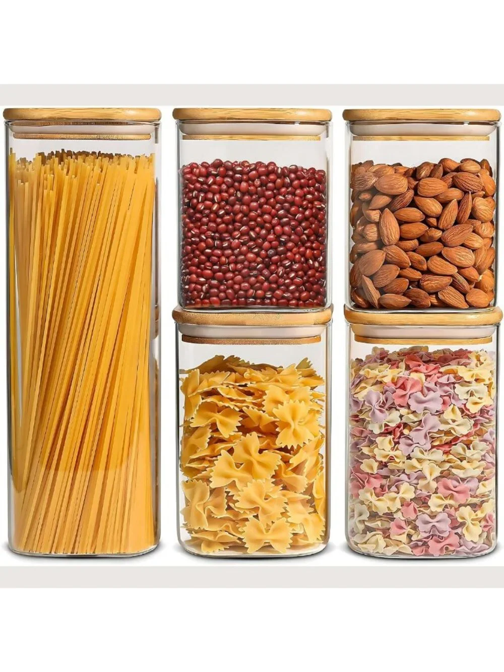 Airtight Glass Storage Jars Set of 5 with Bamboo Lids - Clear Kitchen Canisters